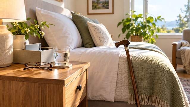 Caregiving Supplies beside a Bed for an Older Adult