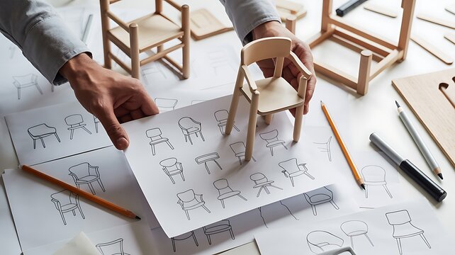 Industrial designer creating miniature wooden chair models and prototypes on desk with sketches