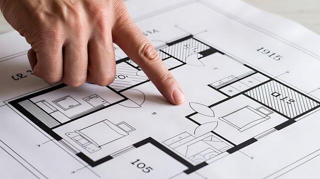 Close-up of architect hand pointing at house floor plan blueprint for home renovation project