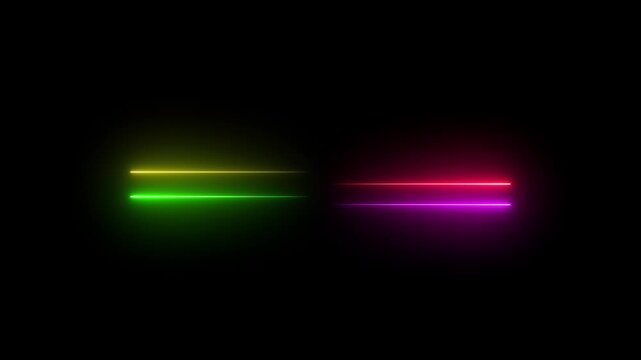 Horizontal Neon Line Animation, Glowing Line Motion Graphic, Transparent Background with Alpha Channel, Right to Left Laser Effect, Straight Neon Beam, Black Background.