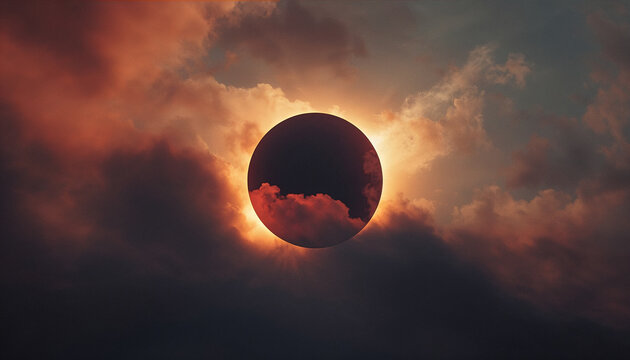 Surreal total solar eclipse reflective moon atmospheric clouds