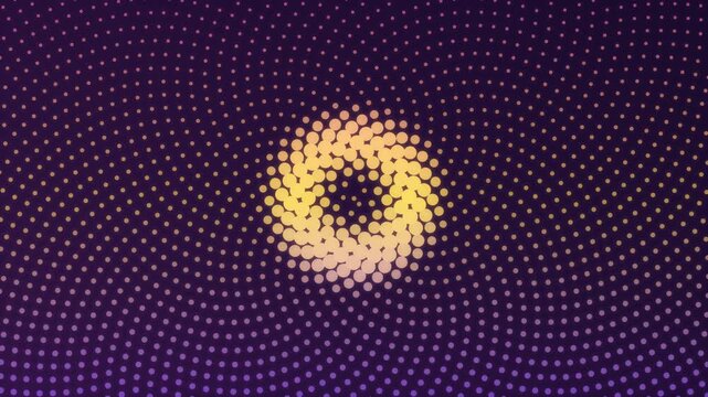Abstract halftone dot spiral animation, glowing yellow circular pattern on purple background, hypnotic motion graphic for digital displays