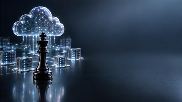 Cloud Computing Strategy Concept With Chess King Piece, Data Network And Technology Leadership Visual   

  