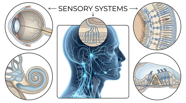 Sensory Systems Anatomical Illustration, Detailed Diagram of Human Senses Featuring Anatomy, Medical