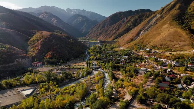 Aerial view panorama of yellow autumn forest in the mountains
