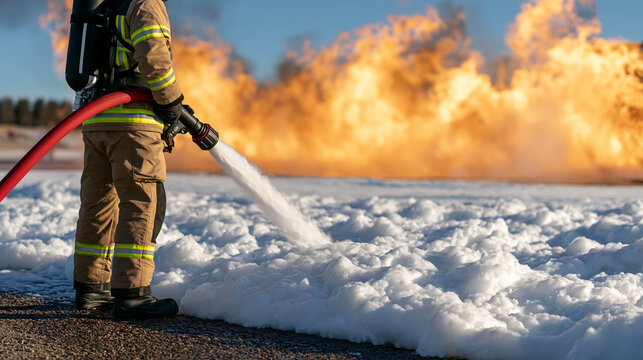 Firefighter battling large blaze with foam hose outdoors