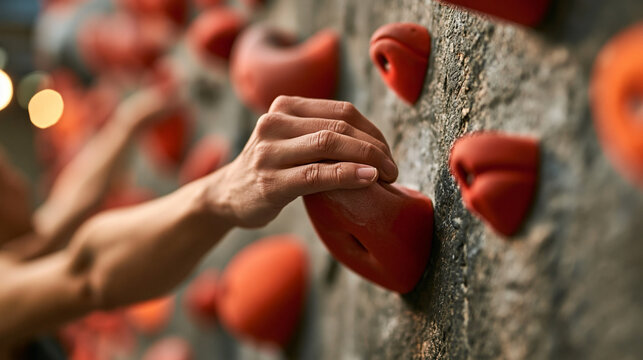 closeup hands gripping red climbing holds on indoor