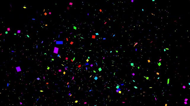 Small multicolored confetti pieces bursting and drifting, particle shower for New Year and birthday or holiday, anniversary victory overlays with alpha channel