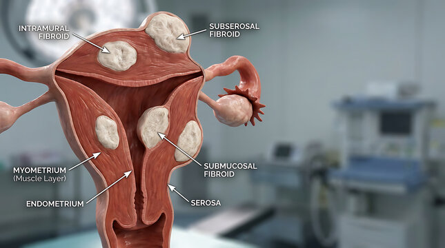 Uterine Fibroids Anatomical Illustration, Showcasing Intramural, Subserosal, and Submucosal Types