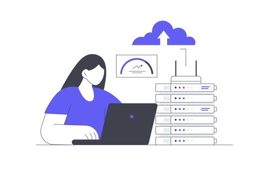 Storing Data Server Rack and Cloud Database Hosting Administration. Female Specialist Working on Laptop near Server Database and Cloud Sync Router Speedometer. Flat Cartoon Vector Illustration, icon 