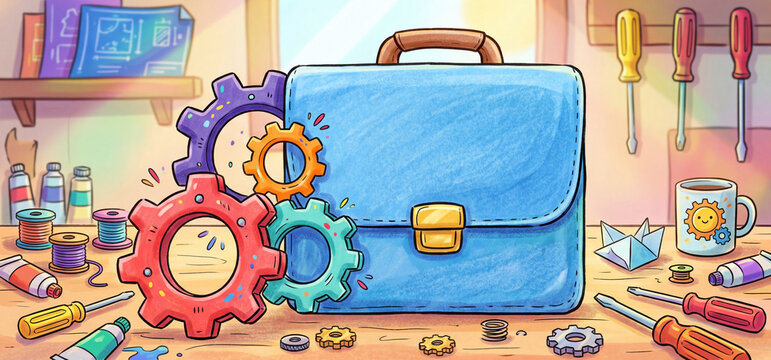 AI-generated drawing. Briefcase with gears, bar chart. Process optimization, and business growth. Business management and business development. Cogwheel, gear mechanism.