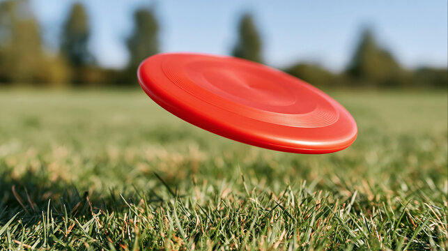Red frisbee flying low over green grass
