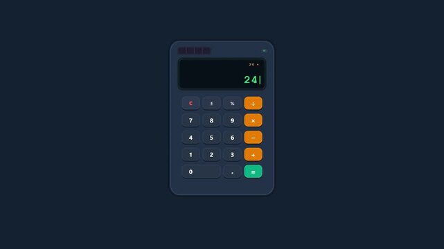 Flat design 2D animation of a digital calculator interface on a dark background performing a mathematical multiplication of twenty four times five to get the result of one hundred and twenty