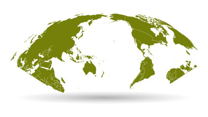 Olive Green Curved World Map Showing Asia, Australia and Pacific Ocean with Shadow on White Background © arsalan