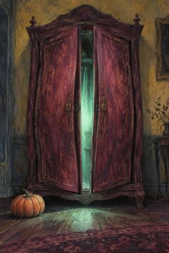 Old wardrobe with bulging doors leaking a soft mint glow beside a small pumpkin