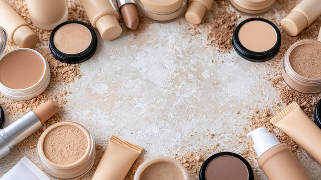 Various beige makeup products arranged on textured surface