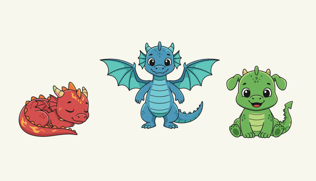 Three cute little cartoon baby dragons featuring a sleeping red dragon, a flying blue dragon, and a sitting green dragon.