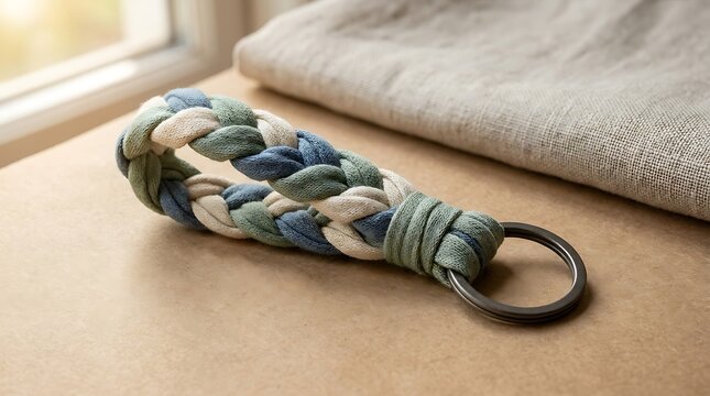 Braided grey paracord keychain with a metal ring on a wooden table surface. DIY keyring projects
