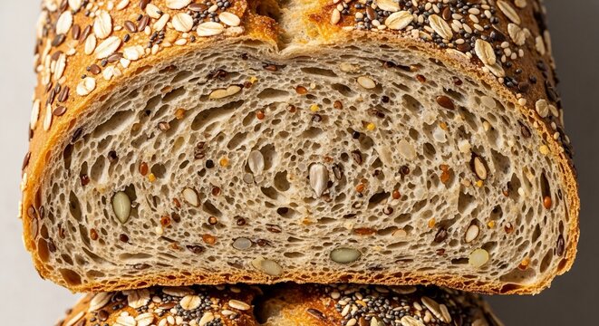 Close-up of a freshly baked loaf of multigrain bread, sliced to reveal its texture and seeds.