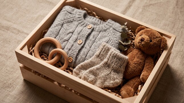 Luxury Baby Gift Hamper with Handmade Clothes and Wooden Toy on Wood