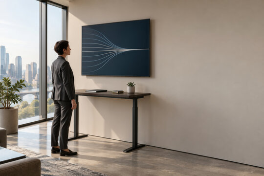 Business professional viewing wall-mounted funnel diagram in modern corporate office illustrating enterprise AI deployment bottleneck and digital transformation strategy for consulting use