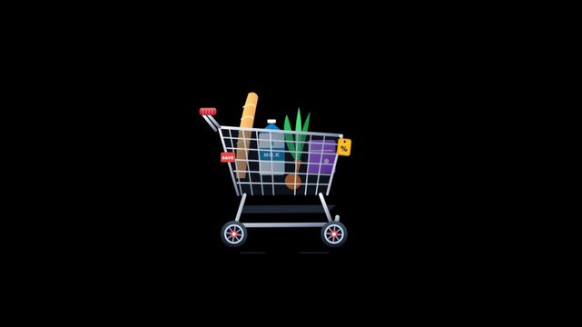 Flat 2D animated shopping cart filled with grocery items such as milk bottle, baguette, and vegetables moving against a black background, featuring promotional sale and discount tags for retail.