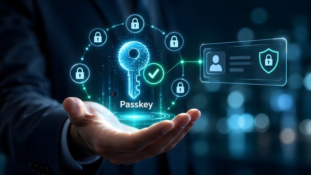 Hand holding a glowing digital passkey hologram with user identification card and security locks representing passwordless authentication and cybersecurity