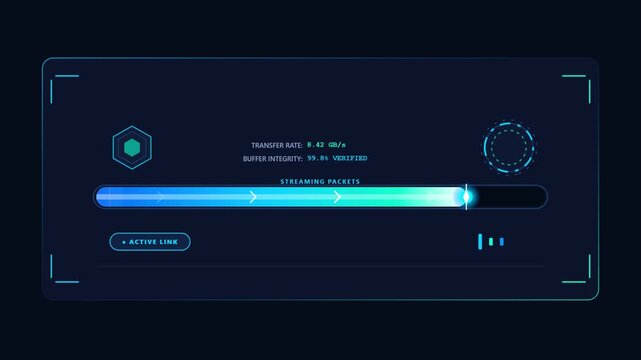 Futuristic digital HUD interface showing high-speed data streaming and packet transfer progress with system metrics for cyber security, big data processing, and cloud computing technology.