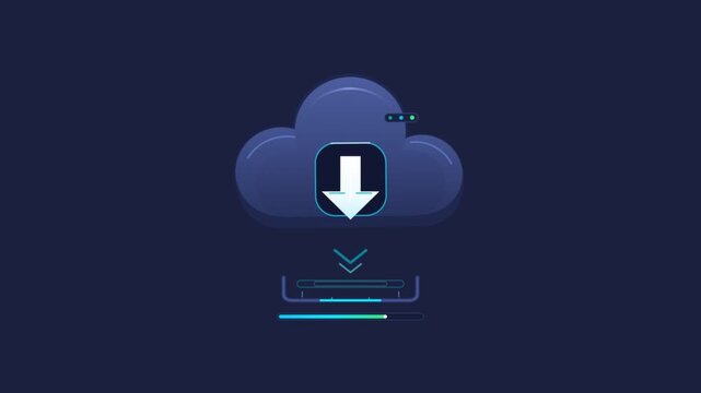 Stylized cloud computing animation showing file download process with a progress bar and arrow icon on a dark blue background, perfect for data storage, web hosting and network technology concepts.
