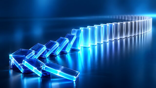Falling glass dominoes with glowing blue light representing chain reaction cause and effect risk management and sequence in business strategy