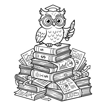 Wise owl wearing graduation cap on pile of books
