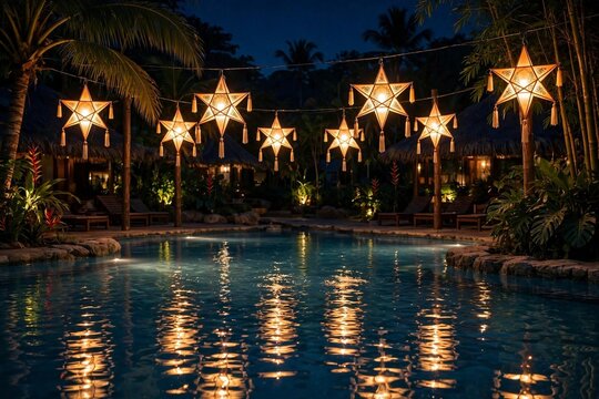 Star lanterns glowing over a tropical resort pool at night