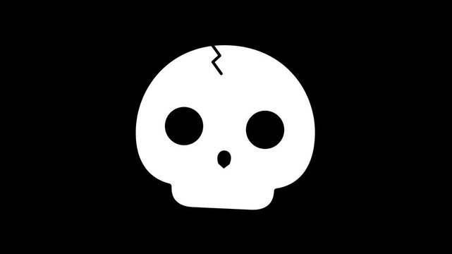 Simple White Skull Icon with Crack on Black Background.