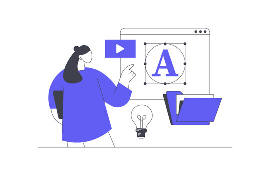 Mobile Website Layout Design and Digital UI UX Editing. Female Specialist Pointing at Web Page Screen with Typography Lettering Video Player and Lightbulb Idea. Flat Cartoon Vector Illustration, icon 
