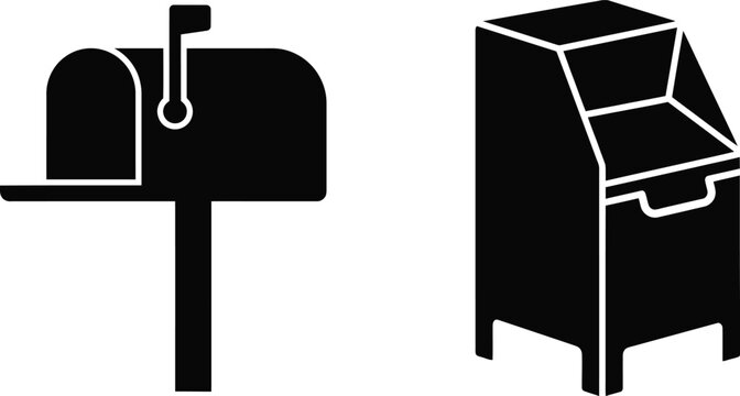 Black silhouette icons of a mail box and a newspaper stand with newspaper