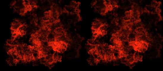 Symmetrical red smoke swirls over dark background making striking abstract artwork for covers. © Rokeya