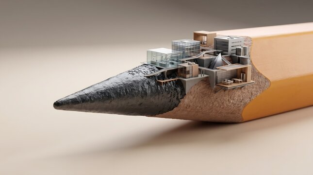 Miniature Architecture Model Inside a Cross-Section of a Pencil