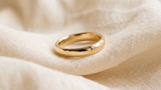 A stunning elegant golden wedding band is peacefully resting on a soft and gently blurred fabric background symbolizing love commitment and a