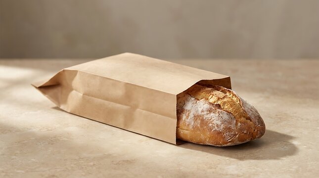 Fresh artisan crusty bread loaf inside a simple brown paper bag on a rustic table. bread bag ideas