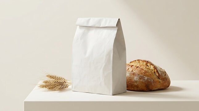 Blank white paper bag for food with a loaf of bread and wheat stalks on a table. bread bag ideas