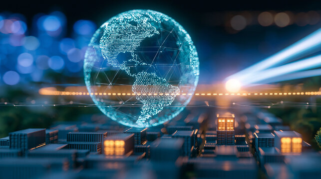 Digital globe network hovers above miniature city lights