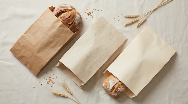 Fresh crusty bread loaves in brown paper bags on a rustic table with wheat ears. bread bag ideas