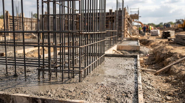 Reinforced concrete pillar and foundation construction site with steel rebar framework.