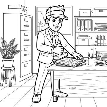 Coloring page of businessman stamping document