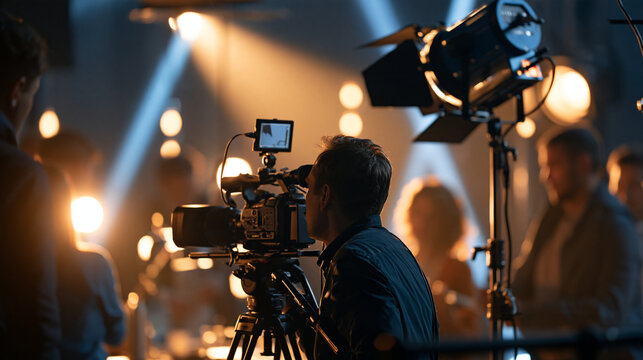 Commercial video and film making lighting set, professional studio production with silhouettes of a large working crew behind a television camera, motion picture equipment, with