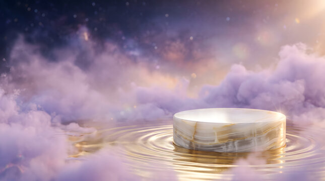 Luxury white onyx pedestal mockup on gold water surface with purple clouds and starry night sky