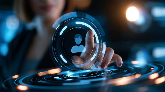 Faceless new hire onboarding journey progress bar on a futuristic holographic interface with a digital HR system and virtual badge, with copy space