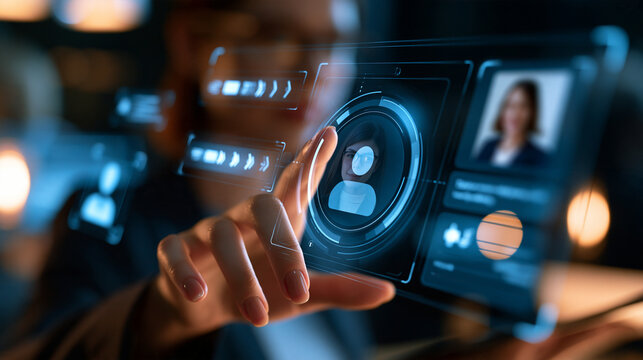Faceless new hire onboarding journey progress bar on a futuristic holographic interface with a digital HR system and virtual badge, with copy space
