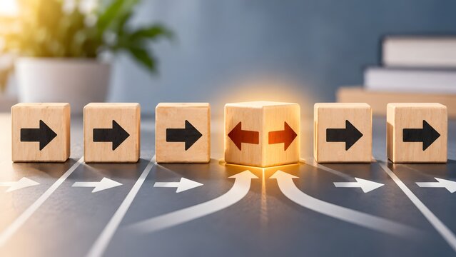 Concept of disruption and standing out from the crowd with a glowing wooden block pointing in the opposite direction against a row of uniform arrows on a track.