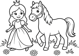 Charming princess and horse illustration with flowers and grass in black and white © julfa